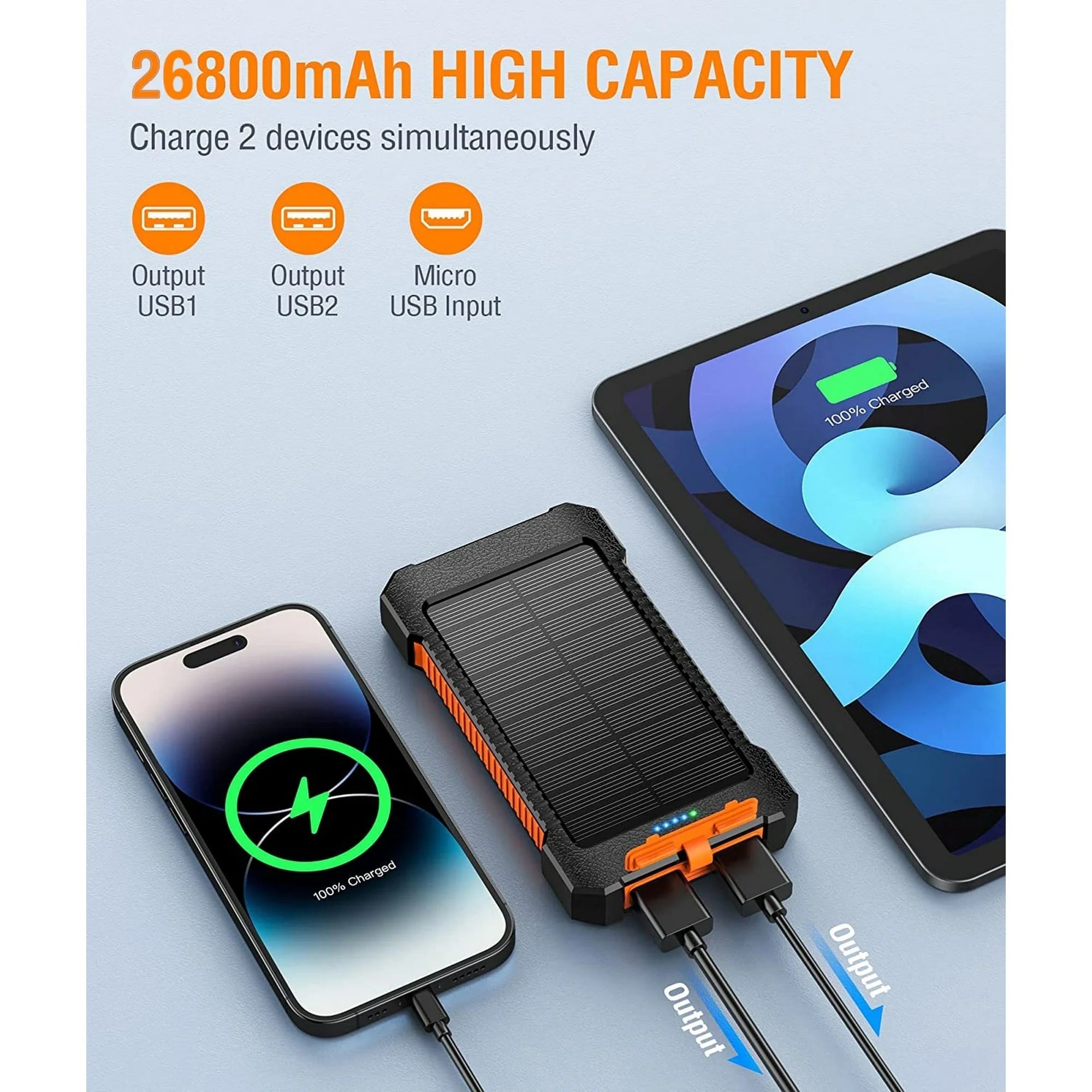 26800Mah Solar Power Bank, USB Portable Solar Charger Compatible for Iphone, Android Phone