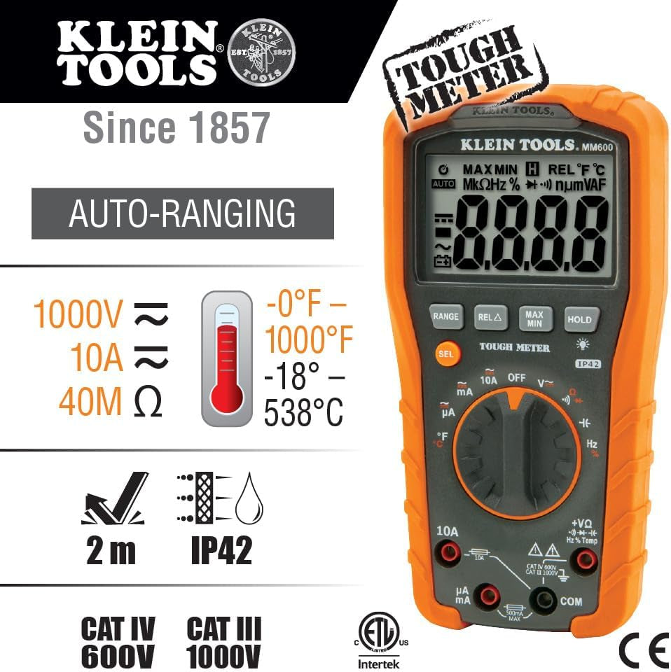 MM600 Multimeter, Digital Auto-Ranging, AC/DC Voltage and Current, Temperature, Frequency, Continuity, More, 1000V, Orange