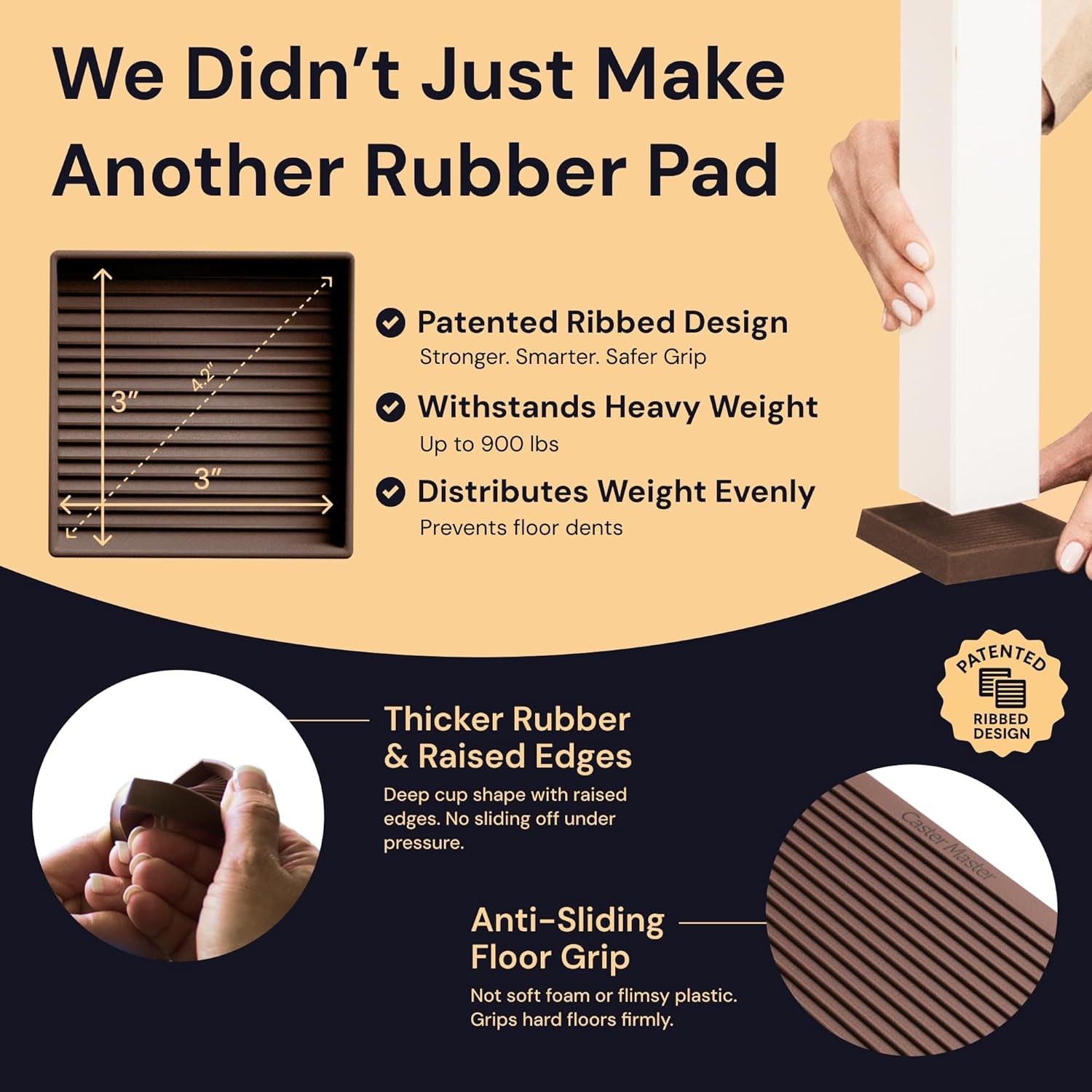 Non-Slip Rubber Furniture Pads - 3 in X 3 in Set of 4 Brown - Floor Protectors for Hardwood Floors & Chairs - Grippers & Rubber Feet for Furniture
