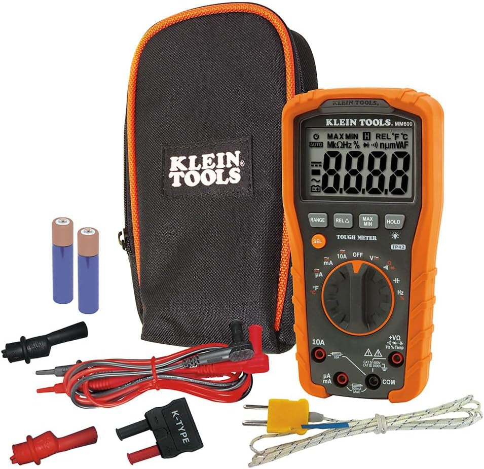 MM600 Multimeter, Digital Auto-Ranging, AC/DC Voltage and Current, Temperature, Frequency, Continuity, More, 1000V, Orange