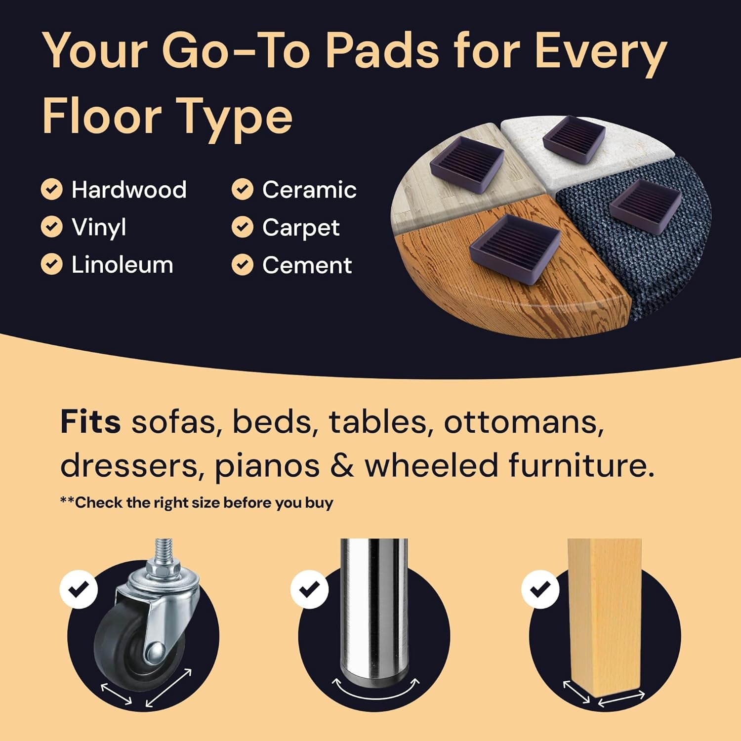 Non-Slip Rubber Furniture Pads - 3 in X 3 in Set of 4 Brown - Floor Protectors for Hardwood Floors & Chairs - Grippers & Rubber Feet for Furniture