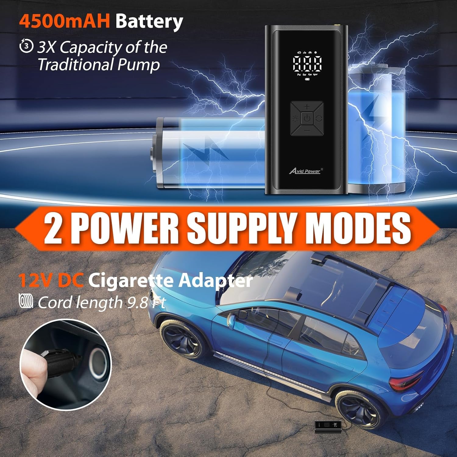 Portable Tire Inflator for Car, Cordless Air Compressor W/ 4500Mah Battery and 12V DC Adapter, Air Pump for Car Tires, Motorcycle, Bicycle, Ball and Small Inflatables W/Smart Modes